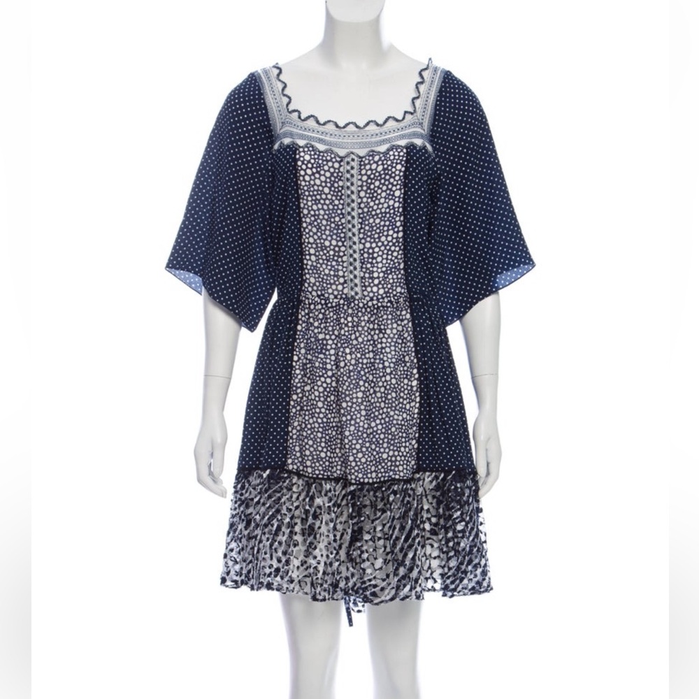 Chloé Silk Polka Dot Lace Inset Boho Mini Dress Navy White Size M US 8 FR 40